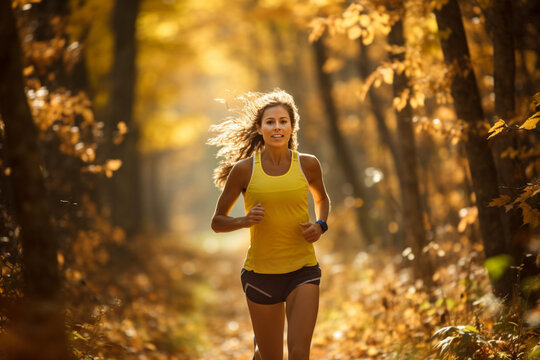 Runner woman on a beautiful fall trail. AI generated