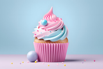 Cupcake 3d illustration, of pastel color palette, graphic design poster art created with Generative AI technology