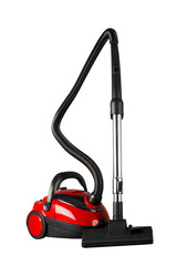 Cleaning concept, red vacuum cleaner, isolated background - obrazy, fototapety, plakaty