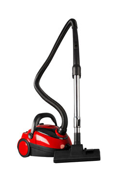 Cleaning concept, red vacuum cleaner, isolated background