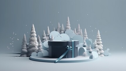 Fototapeta premium Gift box in winter Christmas festive landscape . Merry Christmas and Happy New Year. Christmas sale. Holiday background. AI generative