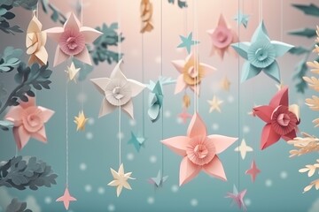 Idea craft decorations. Colorful paper origami snowflakes for winter background. Ai generative