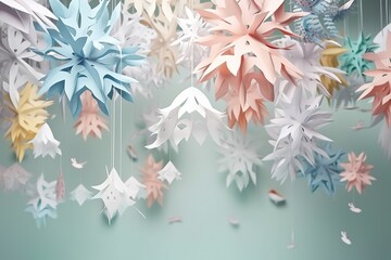 Fototapeta na wymiar Idea craft decorations. Colorful paper origami snowflakes for winter background. Ai generative
