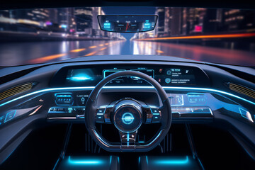 Obraz na płótnie Canvas An image of a futuristic car dashboard with holographic controls and digital displays.