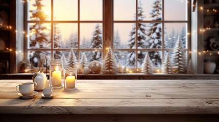 Nordic Elegance, A Serene Christmas Kitchen with an Inviting Empty Wooden Table. Generative AI