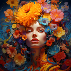 Fantasy flower portrait of a woman created with Generative AI technology