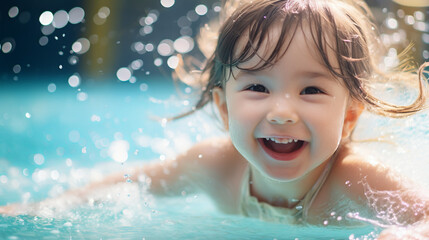 Joyful child playing in the water