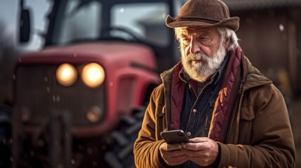 Senior farmer standing in front of tractor in field