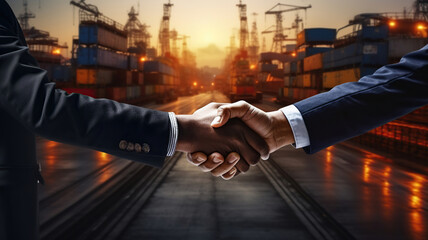 Business Handshake Amidst Fast Shipping and Cargo Freight. Generative AI
