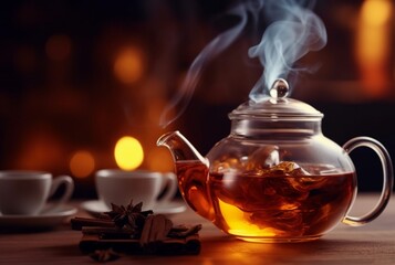 a cup of hot tea with smoke on the table. generative ai