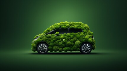 Isolated car formed by green leaves and branches on a green background. Car ecology concept. Generative AI