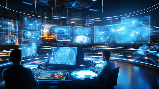A picture of a futuristic control room with operators monitoring data on holographic displays.