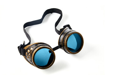 Stylish welder glasses with blue glasses isolated on white background. Steampunk cosplay accessories