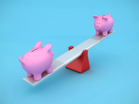 Piggy Bank Balancing on a Seesaw - High Quality 3D Rendering