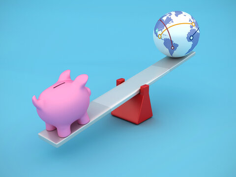 Piggy Bank and Globe World Balancing on a Seesaw - High Quality 3D Rendering