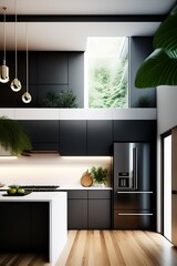 modern kitchen interior with kitchen and beautiful and airy window generated by AI 