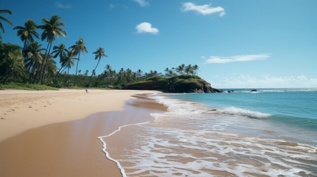 Photo of a tropical paradise with sandy beaches and palm trees created with Generative AI technology