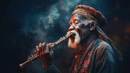 Fototapeta na wymiar Clarinet plays player playing smoke bokeh