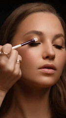 Obraz premium Beautiful young woman with a light natural make-up, brush for cosmetics and perfect skin.