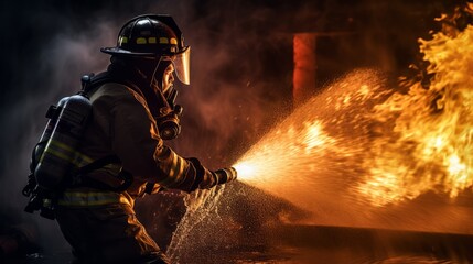 fireman using water and extinguisher to fighting with fire flame in an emergency situation.