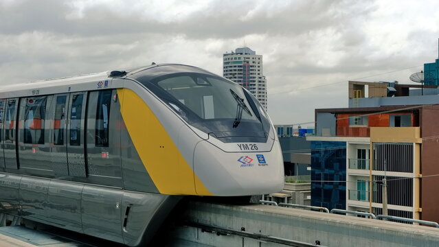 Fully automatic driverless straddle monorail train on the elevated Yellow Line on August 1, 2023 in Thai capital Bangkok