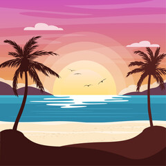 Fototapeta na wymiar summer beach background with palm trees at sunset
