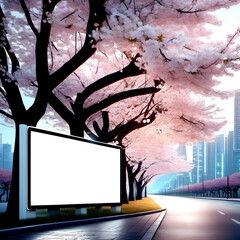 Road billboard template mockup under Cherry trees in futuristic city