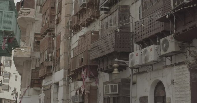 Old houses with wooden mashrabiya in al-Balad quarterJeddah  Saudi Arabia