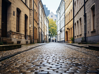 A shot of a narrow cobblestone street