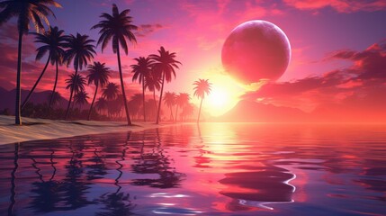 Fototapeta na wymiar Sunset on the beach. Retro palms sci fi style. AI generative.