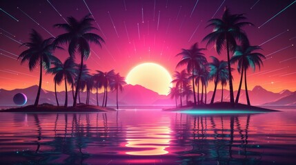 Fototapeta na wymiar Sunset on the beach. Retro palms sci fi style. AI generative.