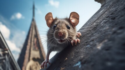 A rodent viewed up close on top of a building. Generative AI