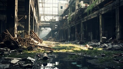 Abandoned, forgotten brewery, old damaged factory, daylight. Generative AI