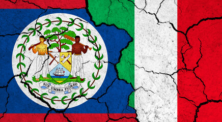 Flags of Belize and Italy on cracked surface - politics, relationship concept