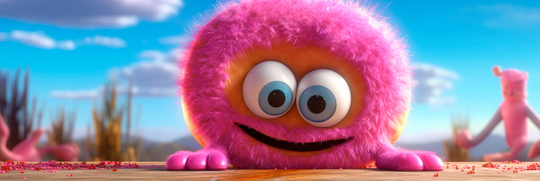 Banner with Fluffy, Cute, adorable little monster with big eyes. Generative AI. Hilarious character for children's celebration, event. National Donut Day. header for website, blog, preschool, toy shop