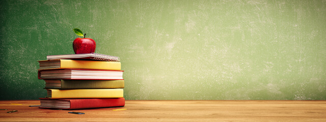 Ready for school concept background. School books with fresh apple and copy space. 3D Rendering, 3D Illustration  © hd3dsh