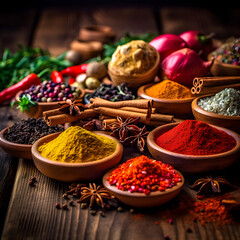 Various spices shown laid on a table, generative ai.