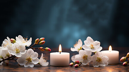Bouquet of white magnolia flowers with burning candle on black background
