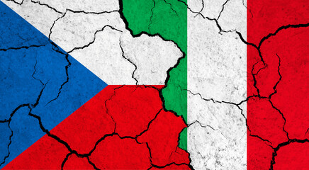 Flags of Czech Republic and Italy on cracked surface - politics, relationship concept