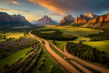 Fototapeta premium landscape of region Country road through orchards and ranch land below peaks of Zion National Park Utah