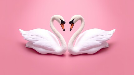 swans forming love shape on pink background