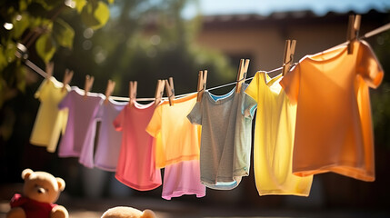 Children's Colorful Clothes Dance in the Sunlight on the Clothesline. Generative AI