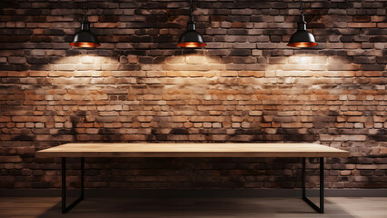 Fototapeta na wymiar Empty wooden tabletop loft-style interior with a brick wall, black ceiling lamp, background, shop decor loft style сreated, illustration, Generative AI