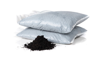 Organic soil with bag for planting on white background - 630765952