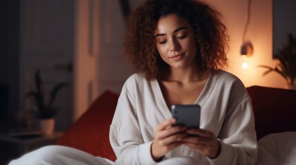 Fototapeta premium Woman holding phone in bed at night.
