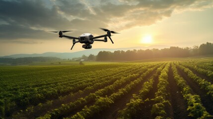 Fototapeta na wymiar Drone flying over a cultivated field. AI generative.