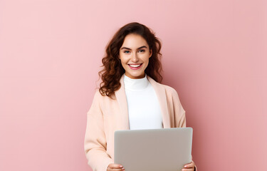 Smiling pretty woman with laptop in front of pastel wall created with Generative AI technology