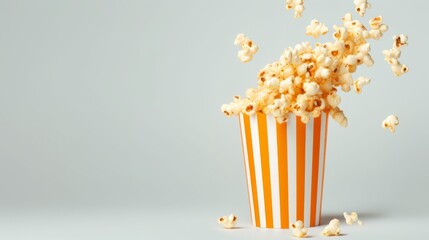 Flying popcorn from paper striped bucket on white background. AI generative.