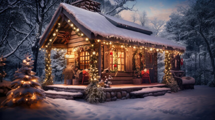 Christmas winter house cottage in wild mountain forest snow