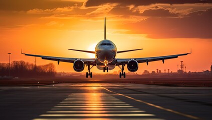 Fototapeta na wymiar an airplane landing at sunset Generative AI